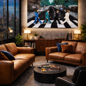 gran cuadro inspirado en Abbey Road como pieza central; colores intensos en azul, negro y blanco,