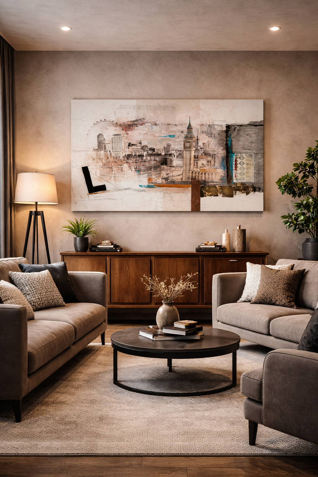 Cuadro panorámico “An Eye on London” de Plena Artis, obra contemporánea en lienzo (150 × 90 × 3,5 cm) protagonizando un salón elegante de tonos cálidos, con la ciudad de Londres como foco visual principal.