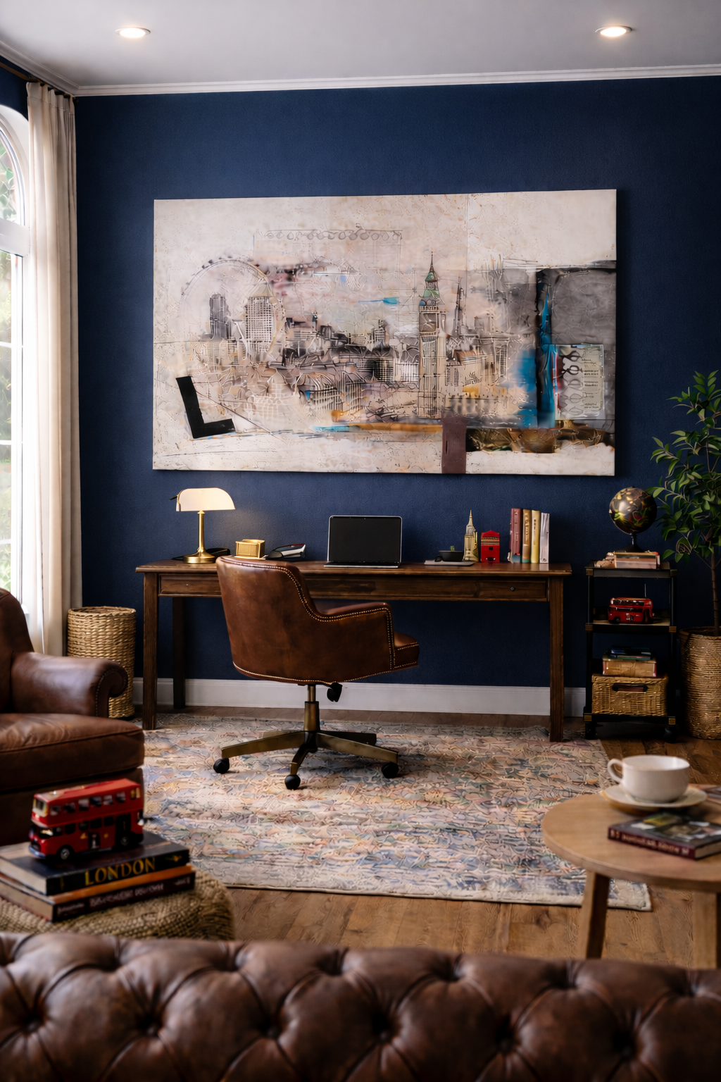 “An Eye on London”, cuadro contemporáneo panorámico de Plena Artis (150 × 90 × 3,5 cm), instalado como pieza central en un despacho moderno de estilo londinense con pared azul y mobiliario clásico-contemporáneo.