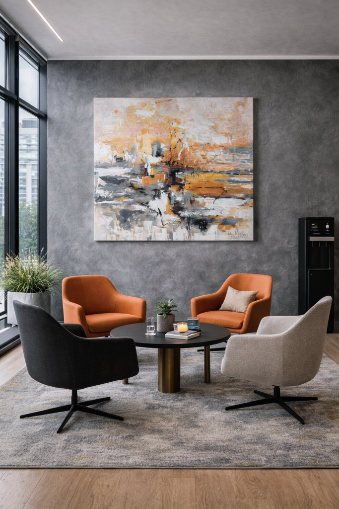 Plena Artis – Cuadro Expression, obra abstracta contemporánea en lienzo cuadrado (grises y mostaza) como punto focal en lounge/oficina moderna con sillones de diseño y ventanales.