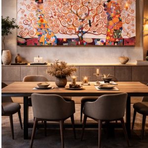 Cuadro panorámico decorativo “El Árbol de la Vida” de 180 x 80 x 3,5 cm sobre un aparador en un comedor contemporáneo, con mesa de madera, sillas tapizadas, iluminación cálida y una composición elegante en tonos neutros.