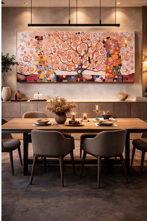 Cuadro panorámico decorativo “El Árbol de la Vida” de 180 x 80 x 3,5 cm sobre un aparador en un comedor contemporáneo, con mesa de madera, sillas tapizadas, iluminación cálida y una composición elegante en tonos neutros.