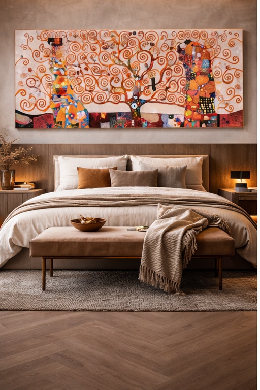 Cuadro panorámico “El Árbol de la Vida” de 180 x 80 x 3,5 cm colocado sobre el cabecero de una cama en un dormitorio de estilo cálido y sofisticado, con textiles neutros, banco tapizado y luz ambiental suave.