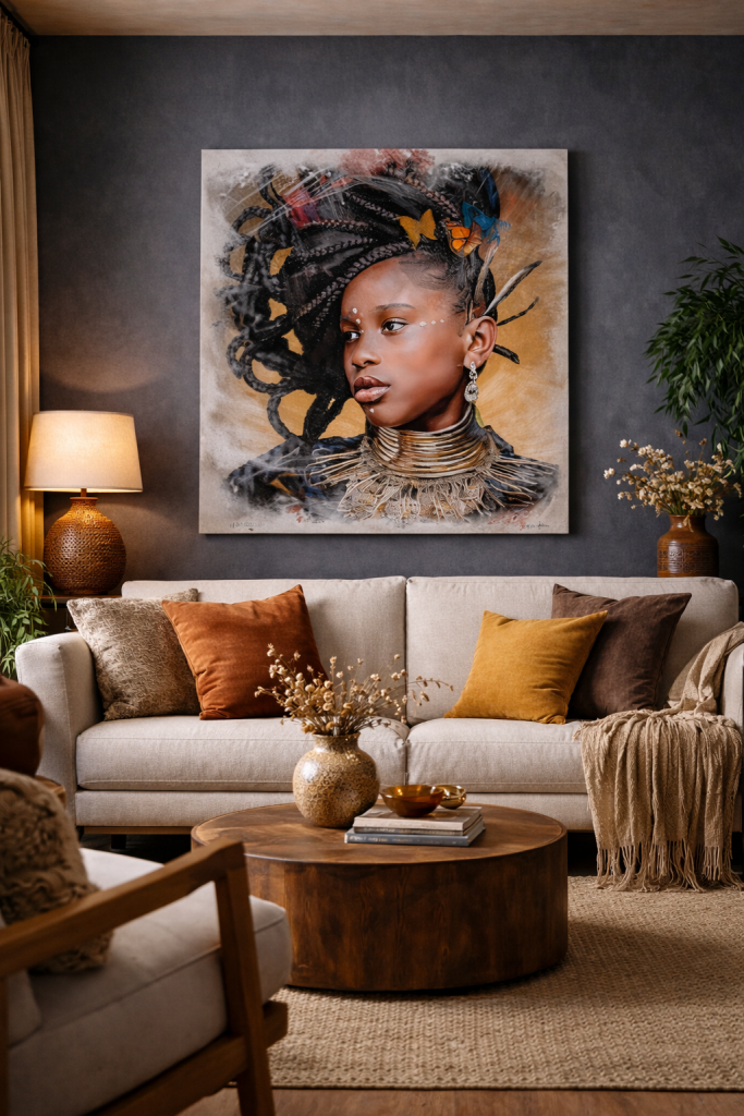 Retrato artístico femenino ZUIRI con mariposas, color y estilo contemporáneo para decoración elegante