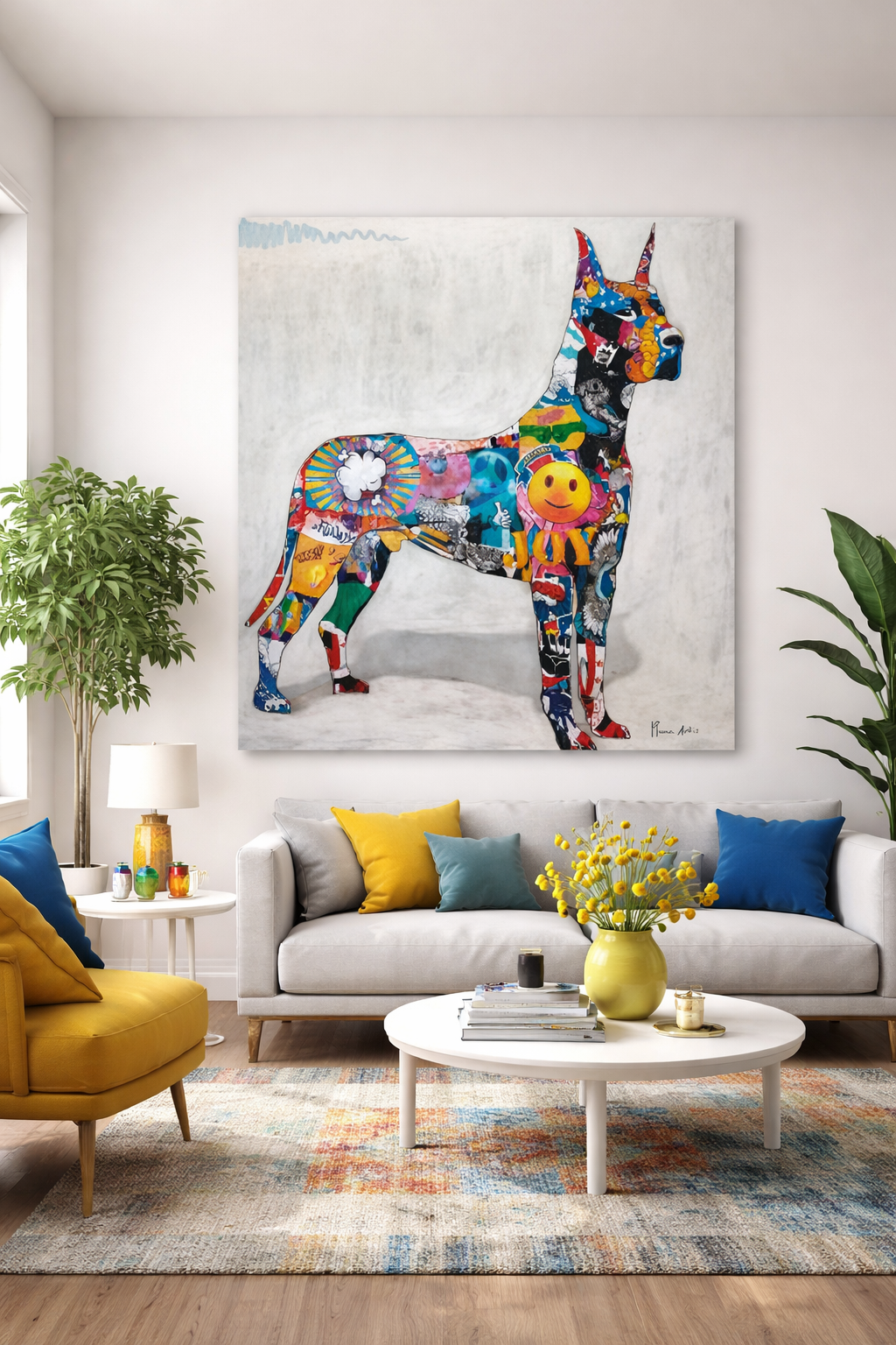 Cuadro decorativo grande de un perro estilo gran danés en perfil, realizado con collage multicolor sobre fondo blanco, colocado como pieza protagonista en un salón moderno.