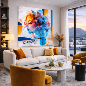 Cuadro digital Winfinite de Plena Artis, arte digital impreso en lienzo 100×80 cm destacado en salón elegante con tonos neutros y mostaza.