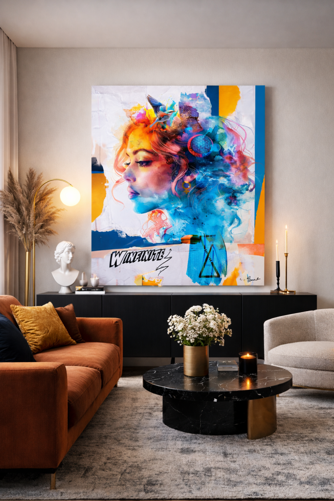 Cuadro digital Winfinite 100×80 cm como pieza central en salón sofisticado; arte digital impreso en lienzo con colores vibrantes Salón sofisticado con iluminación cálida; el cuadro WINFINITE de Plena Artis (100×80 cm) domina la pared sobre mueble negro, con sofá terracota, mesa negra y detalles decorativos minimalistas.
