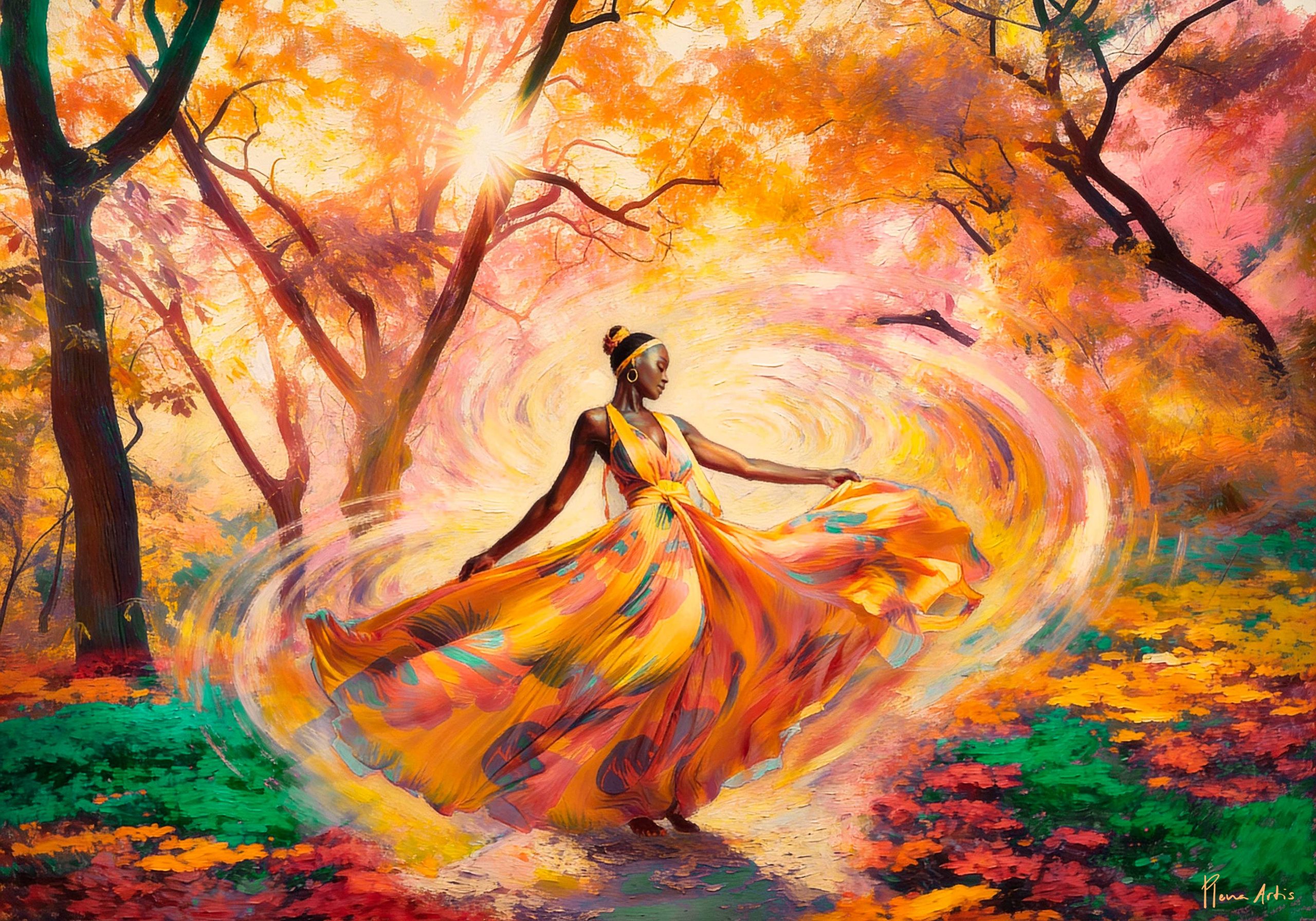Cuadro Bosque Encantado 70 x 100 cm, escena artística de mujer danzando entre árboles otoñales con luz dorada y colores cálidos, obra de Plena Artis.