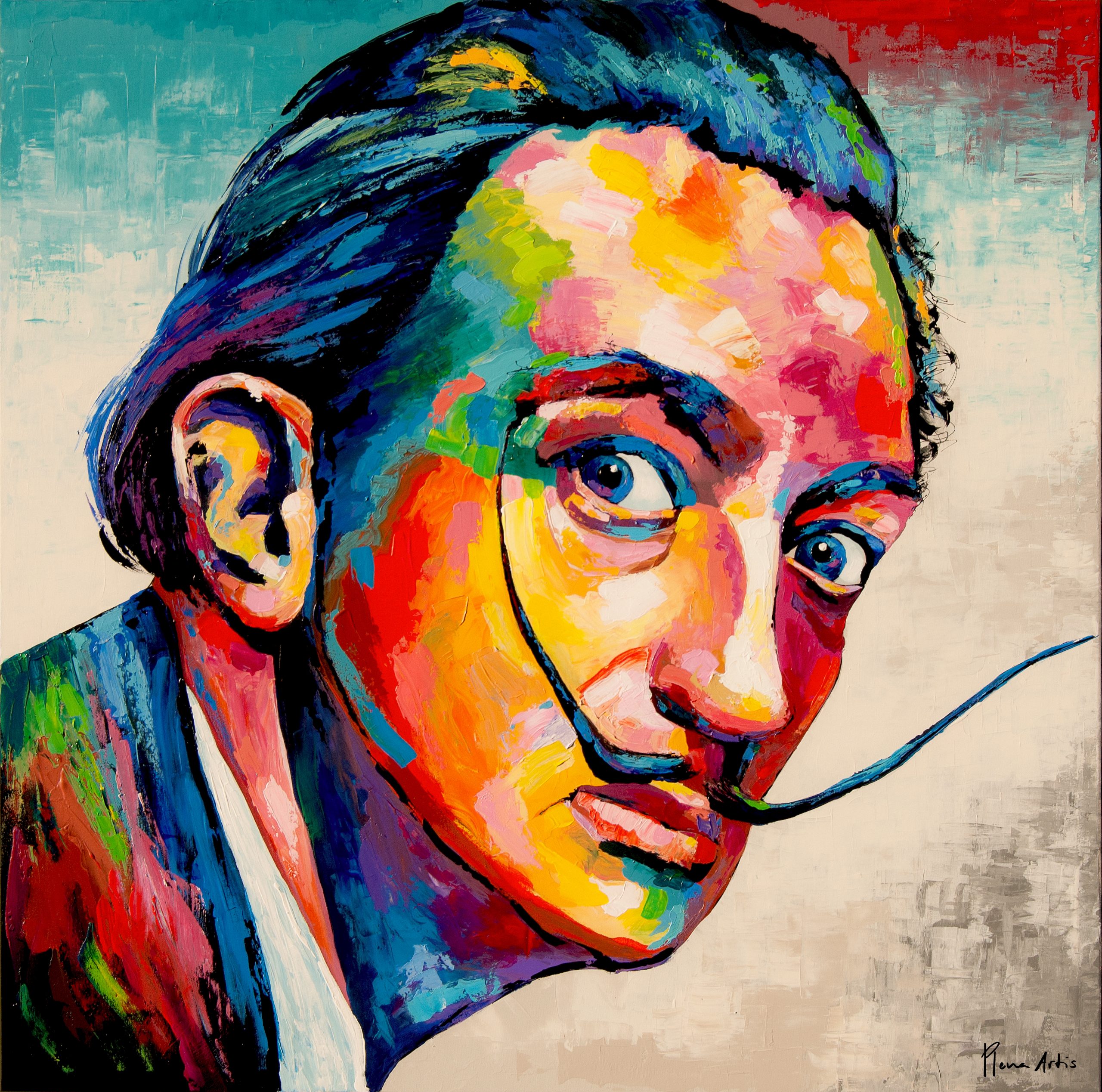 Cuadro Dalí pop art de Plena Artis, retrato colorido de Salvador Dalí con bigote y firma visible, arte digital impreso.