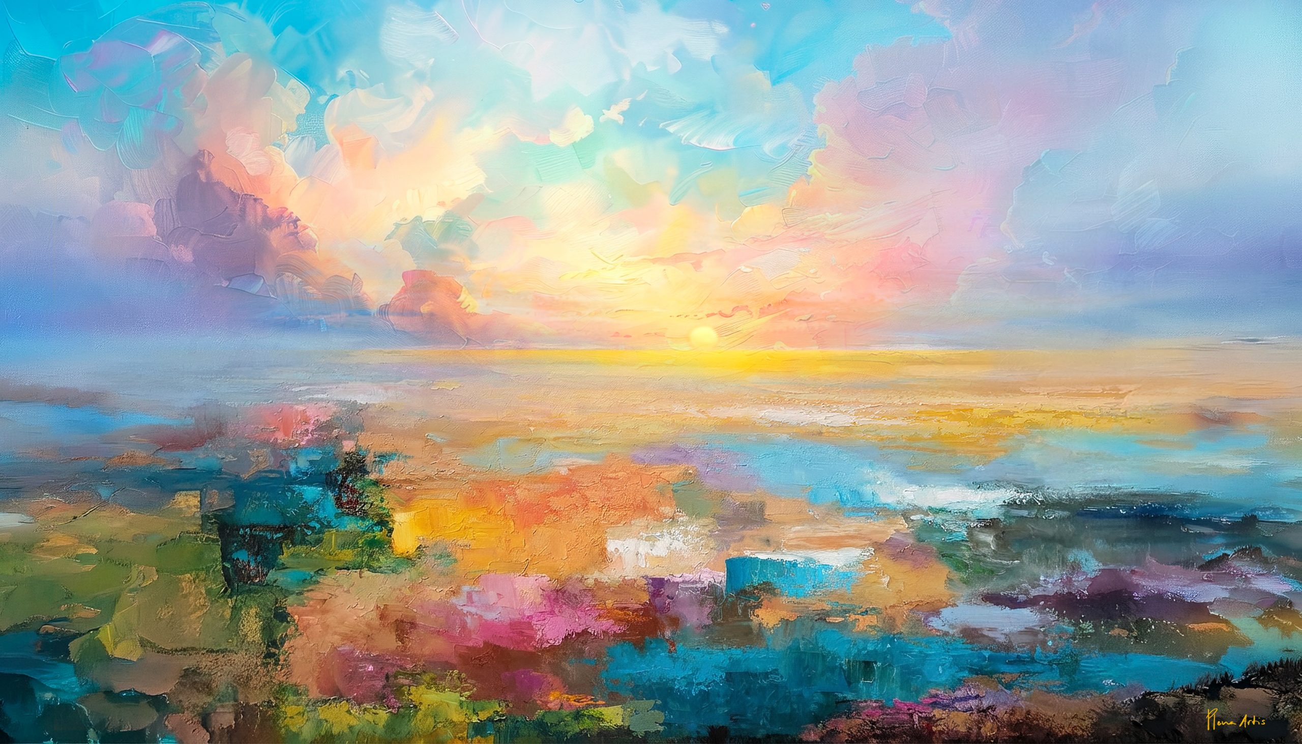 Cuadro Sunset impresión con acabado artesanal: paisaje marino abstracto con cielo pastel y luz de atardecer, en tonos turquesa, coral y dorado.