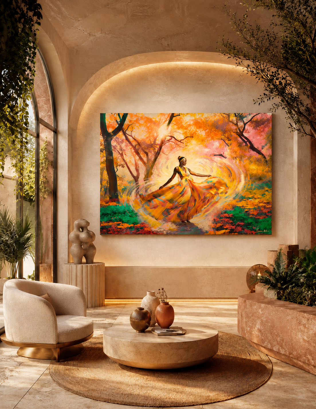 Cuadro Bosque Encantado 70 x 100 cm protagonista en espacio tipo lobby zen con arcos, piedra natural y vegetación, estética premium y atmósfera envolvente.