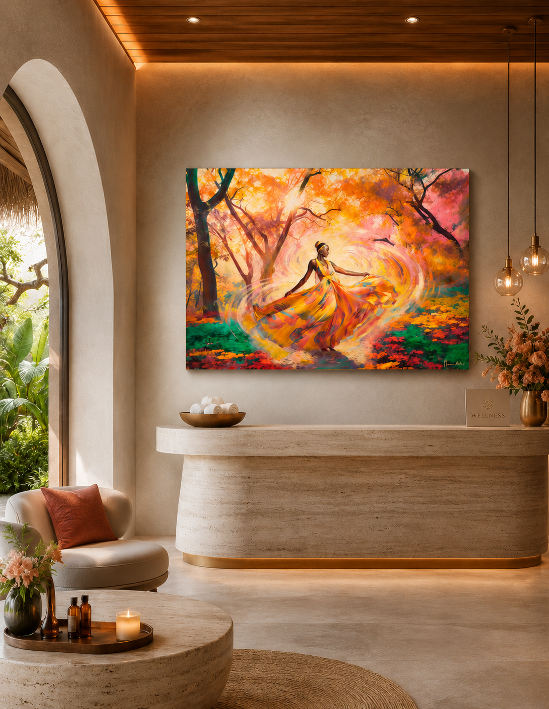 “Cuadro Bosque Encantado (70 × 100 cm) enmarcando una recepción de spa de estilo mediterráneo contemporáneo, con luz cálida, paredes en tonos arena, mostrador de piedra travertino y detalles en madera; la obra es el punto focal sobre el mostrador.