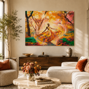 Cuadro Bosque Encantado 70 x 100 cm como pieza protagonista sobre aparador de madera en salón elegante, tonos neutros y acentos cálidos que realzan la obra.
