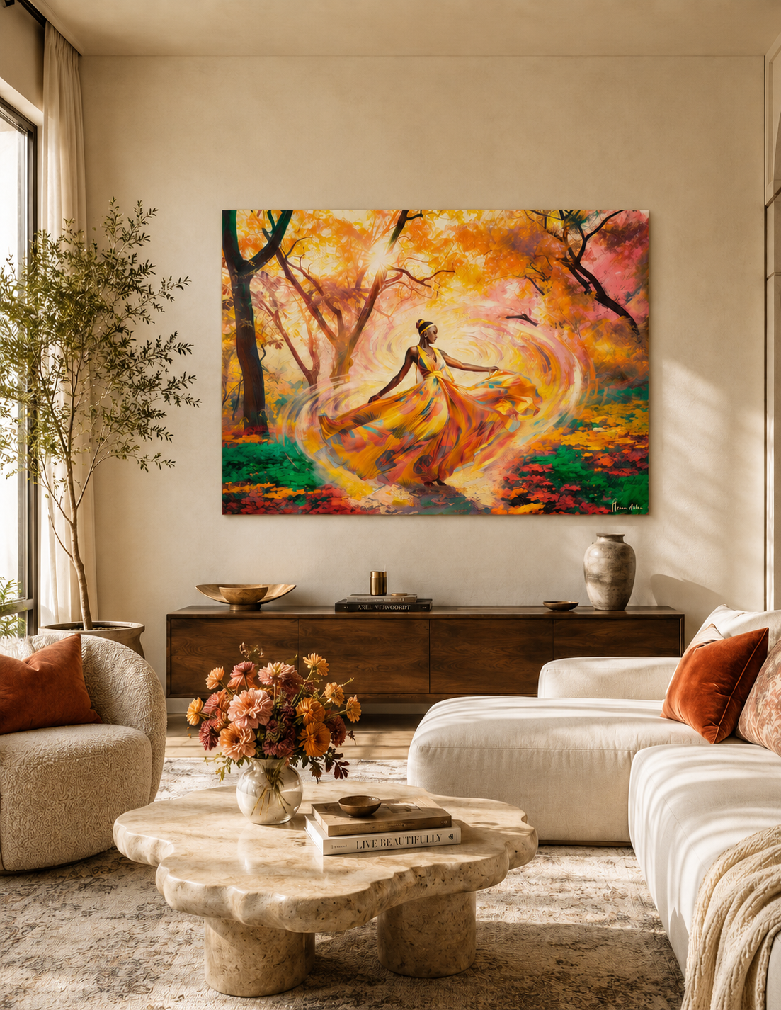 Cuadro Bosque Encantado 70 x 100 cm como pieza protagonista sobre aparador de madera en salón elegante, tonos neutros y acentos cálidos que realzan la obra.