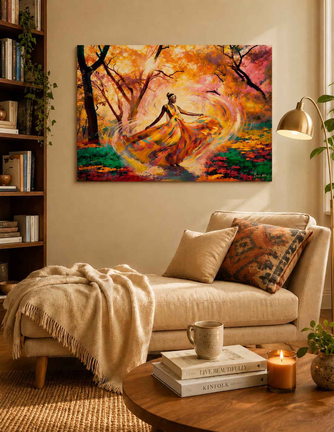 Cuadro Bosque Encantado 70 x 100 cm destacado en rincón de lectura con chaise longue, textiles cálidos y luz suave, ambiente acogedor y sofisticado.