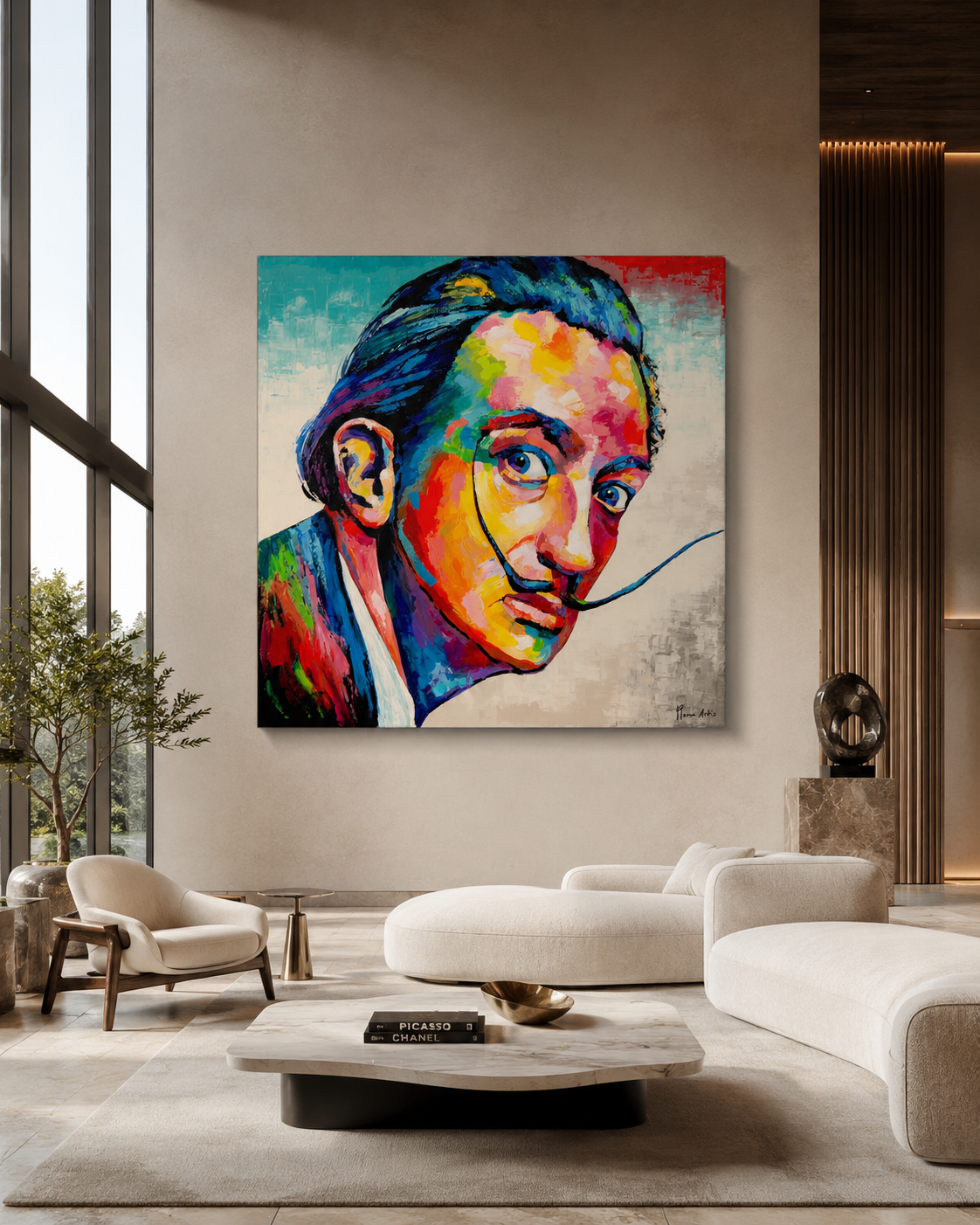 Cuadro Dalí de Plena Artis (120x120 cm) colgado en salón de lujo contemporáneo con ventanales, sofá curvo y mesa de mármol, pieza protagonista.