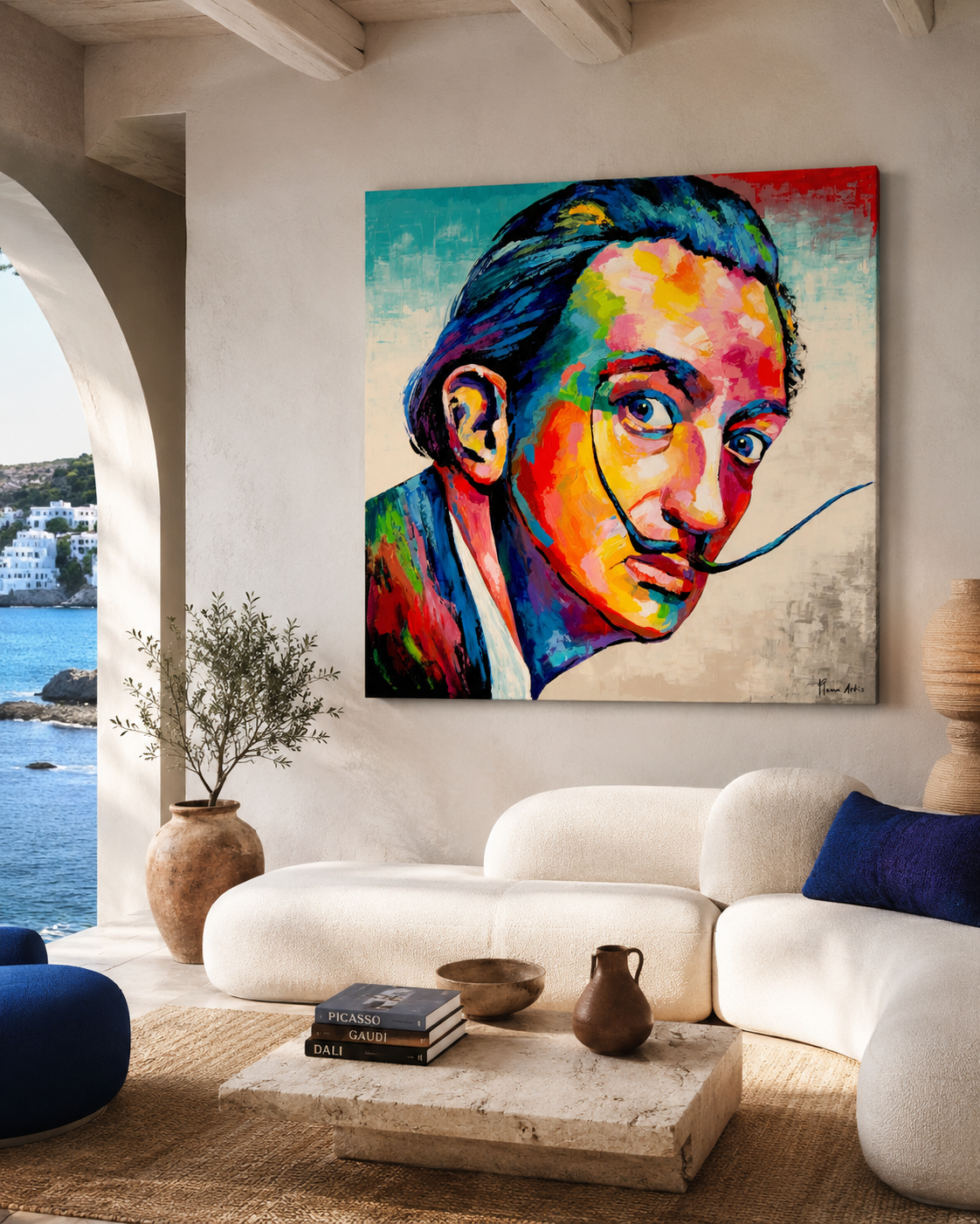 Cuadro Dalí de Plena Artis (120x120 cm) en salón mediterráneo con arco y vista al mar, decoración cálida y minimal, arte pop protagonista.