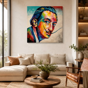 Cuadro Dalí de Plena Artis (120x120 cm) como punto focal en salón contemporáneo con sofá claro, madera natural y textiles neutros, estilo actual.