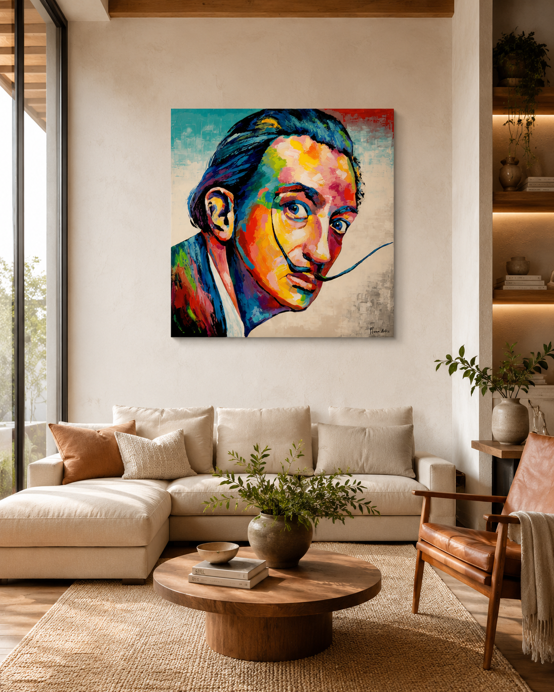 Cuadro Dalí de Plena Artis (120x120 cm) como punto focal en salón contemporáneo con sofá claro, madera natural y textiles neutros, estilo actual.