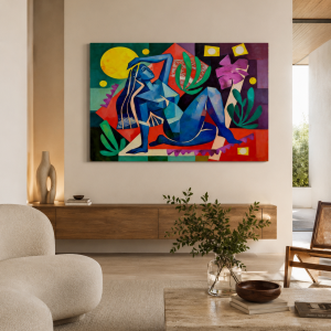 Cuadro Dona 60x90 cm en estancia elegante de estilo mediterráneo moderno, con materiales nobles y paleta arena para destacar la obra.