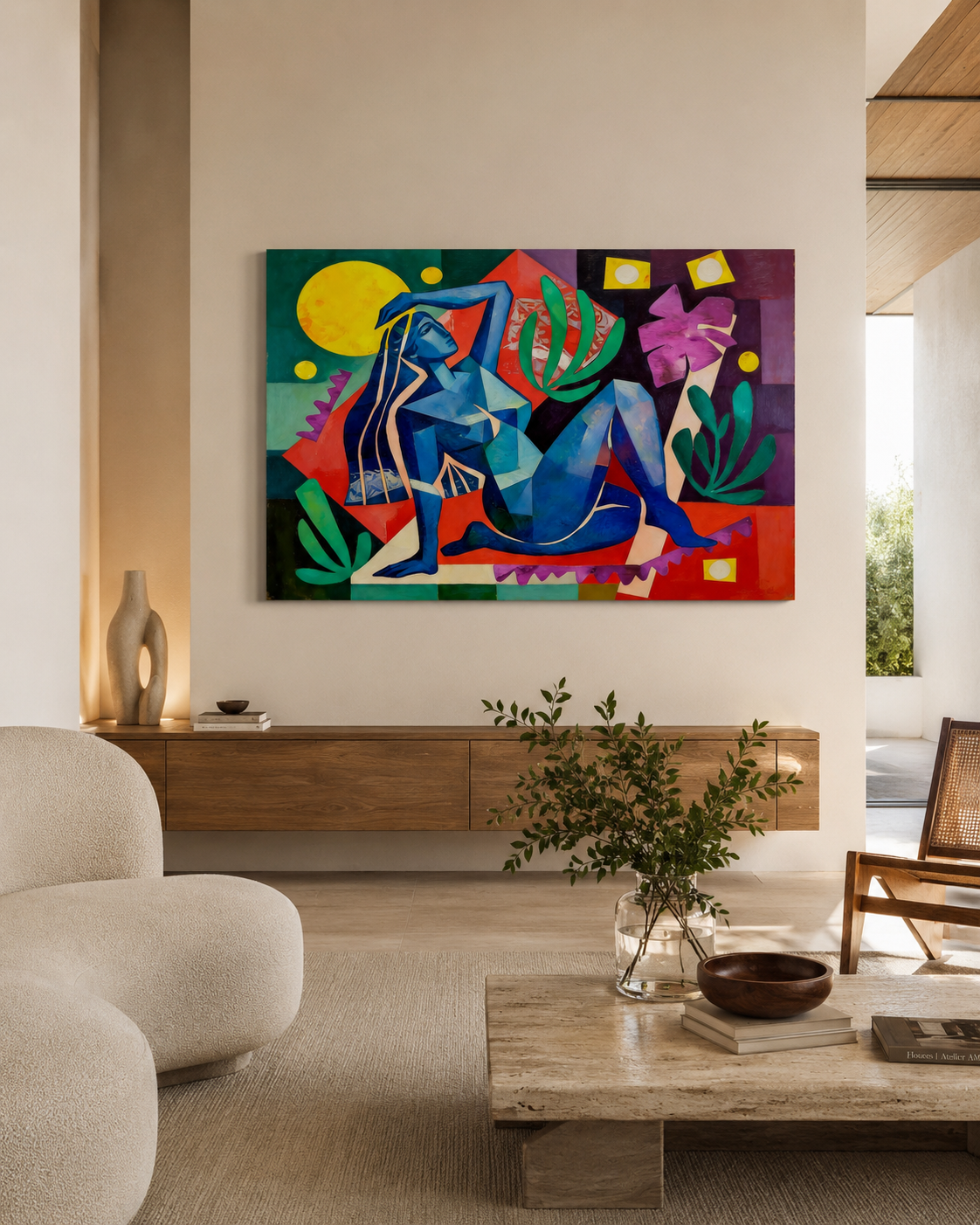 Cuadro Dona 60x90 cm en estancia elegante de estilo mediterráneo moderno, con materiales nobles y paleta arena para destacar la obra.