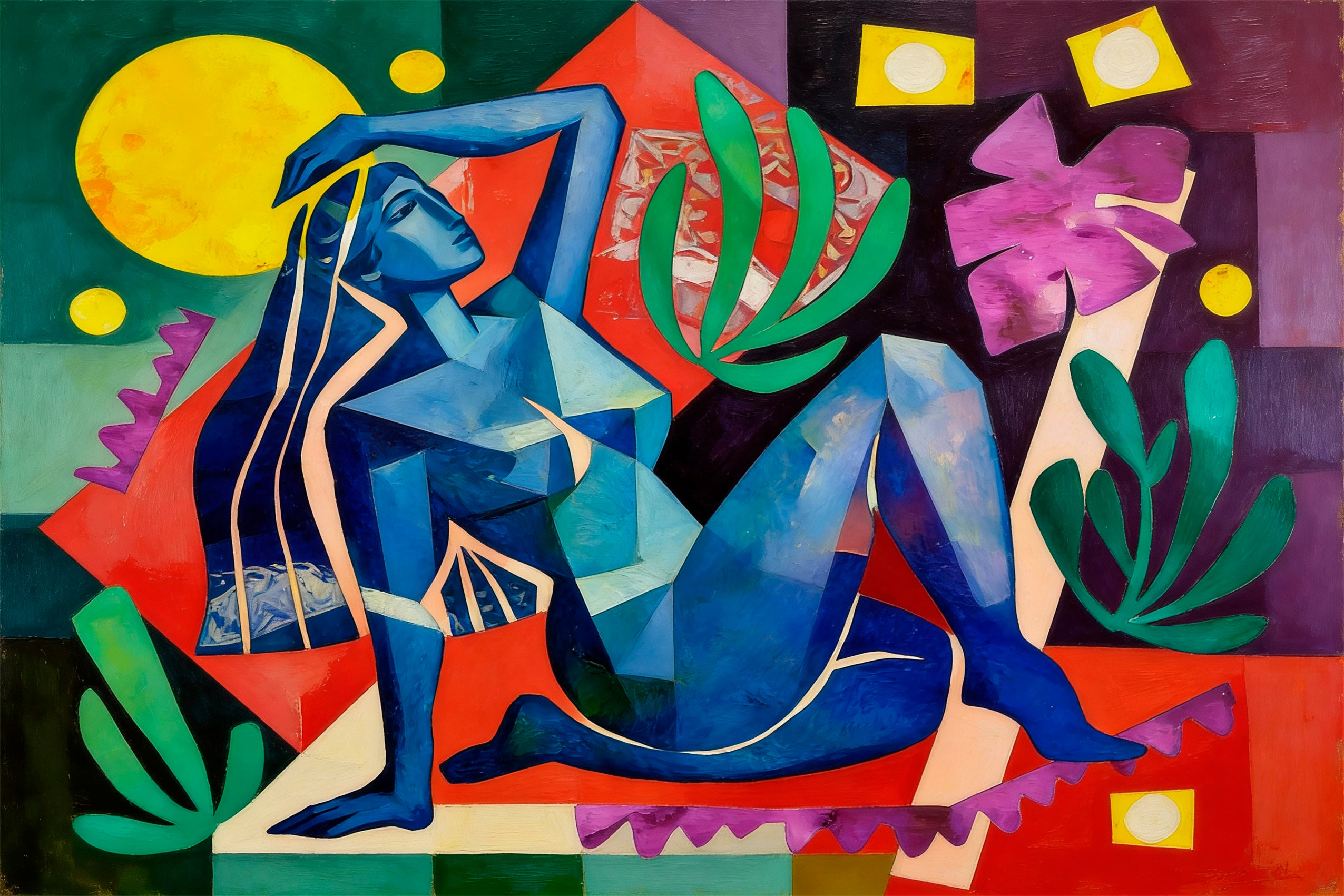 Cuadro Dona 60x90 cm, obra contemporánea de inspiración cubista con figura femenina en tonos azul, verde, rojo y amarillo.