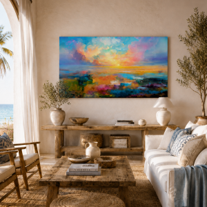 Cuadro Sunset impresión con acabado artesanal colgado en salón mediterráneo valenciano junto al mar, con paredes claras, vigas de madera y decoración natural en tonos arena.