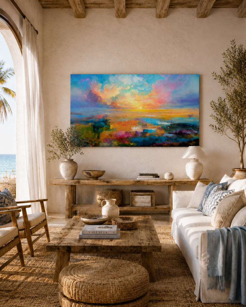Cuadro Sunset impresión con acabado artesanal colgado en salón mediterráneo valenciano junto al mar, con paredes claras, vigas de madera y decoración natural en tonos arena.