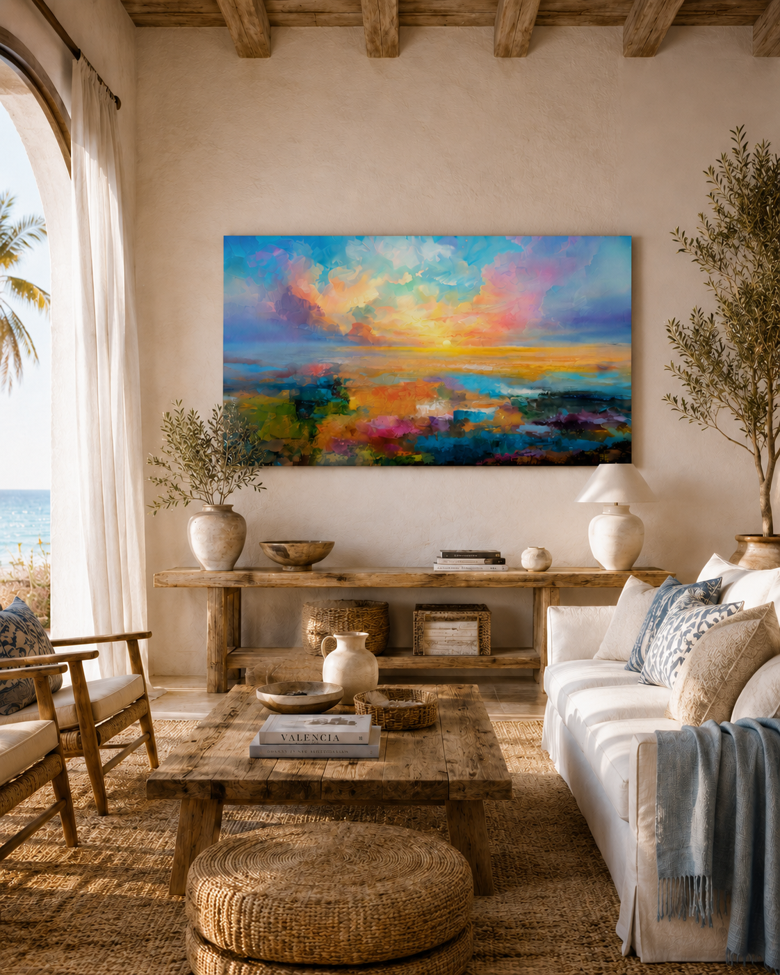Cuadro Sunset impresión con acabado artesanal colgado en salón mediterráneo valenciano junto al mar, con paredes claras, vigas de madera y decoración natural en tonos arena.