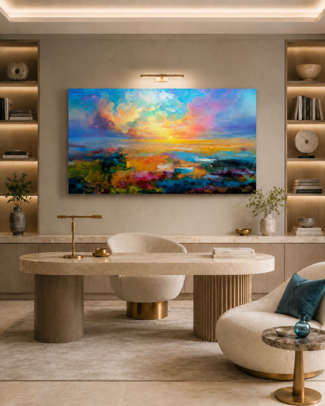 Cuadro Sunset impresión con acabado artesanal en despacho moderno y luminoso, sobre pared neutra y mobiliario contemporáneo, aportando color suave al ambiente profesional.