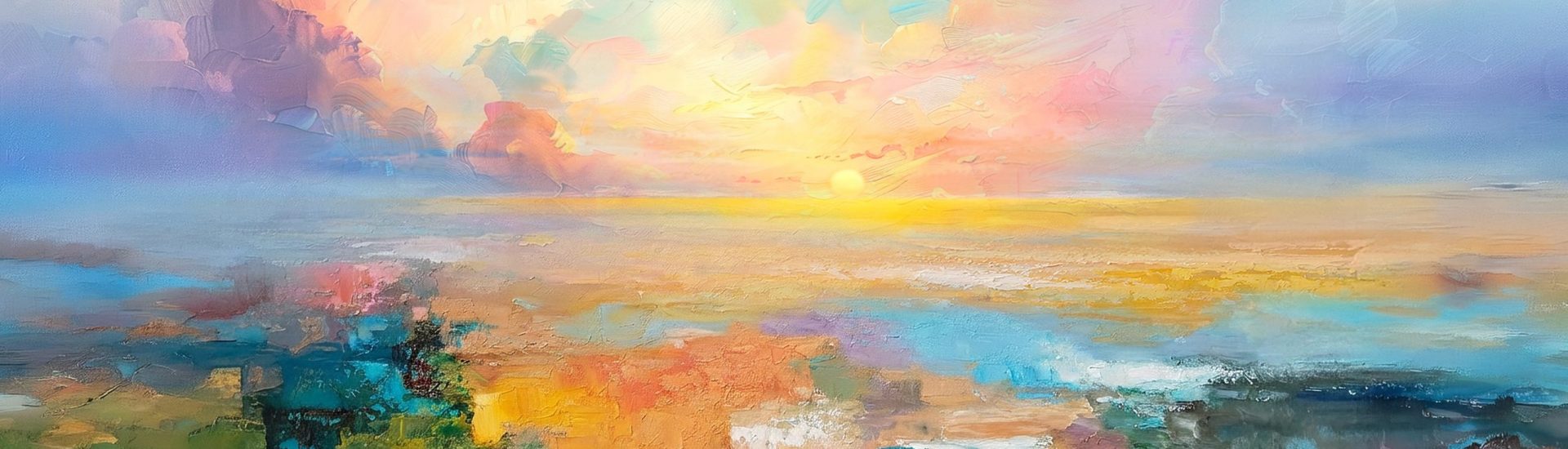 Cuadro Sunset impresión con acabado artesanal: paisaje marino abstracto con cielo pastel y luz de atardecer, en tonos turquesa, coral y dorado.
